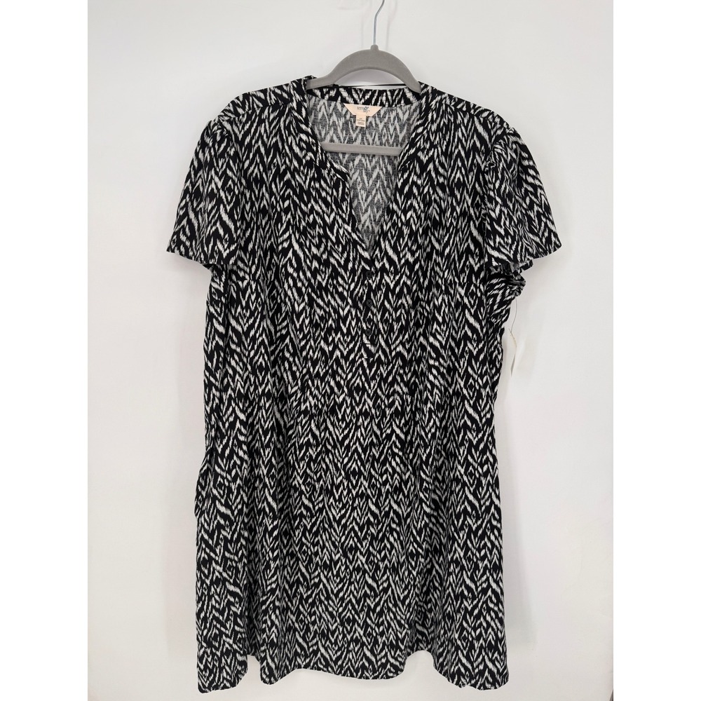 Terra & Sky Flutter Sleeve Dress Women 1X Black White NEW Linen Blend Ikat Shift